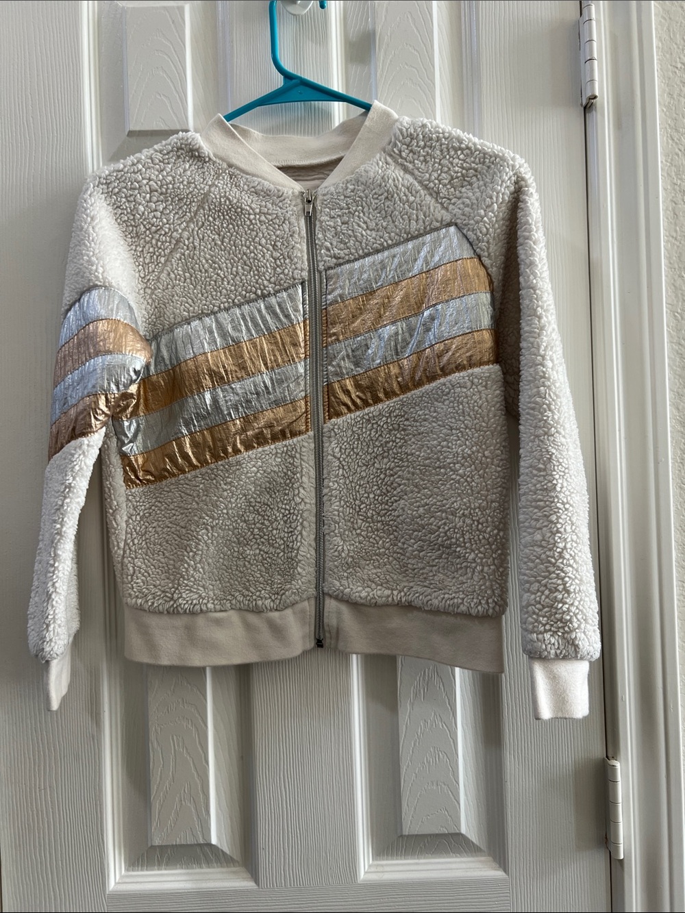 Cat & Jack Cream Sherpa Zip Jacket with Metallic Gold & Silver Stripes
